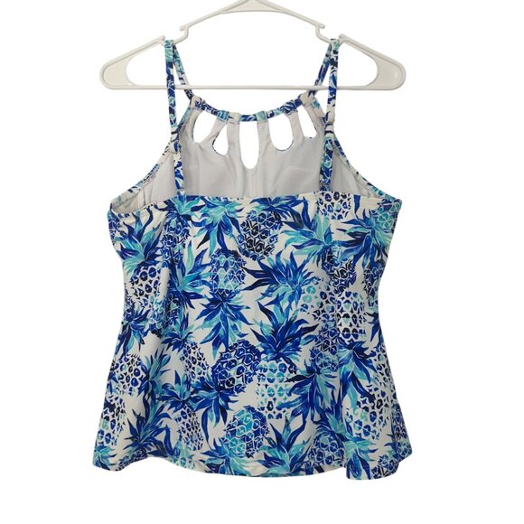 24t&Ocean Blue Tropical Print Halter Tankini Top Women SZ Large Padded Underwire - Picture 2 of 10